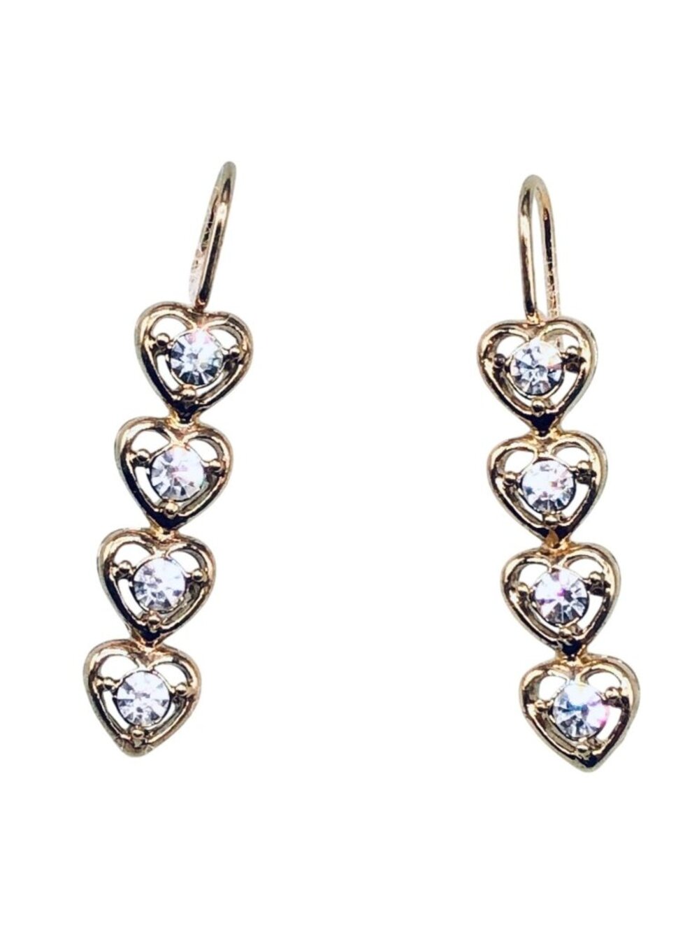 Heart dangling gold hook erring 4 stones in each heart shine 1 1/4" long READ